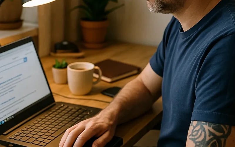 Person nutzt Laptop und Braillezeile an einem Arbeitsplatz.