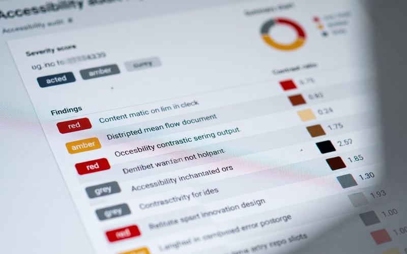 Ein Bildschirm mit einem Prüfbericht zur Barrierefreiheit: Befunde mit Schweregrad in Rot, Gelb und Grau, ein Kontrastwert neben zwei Farbfeldern und oben rechts ein Ringdiagramm