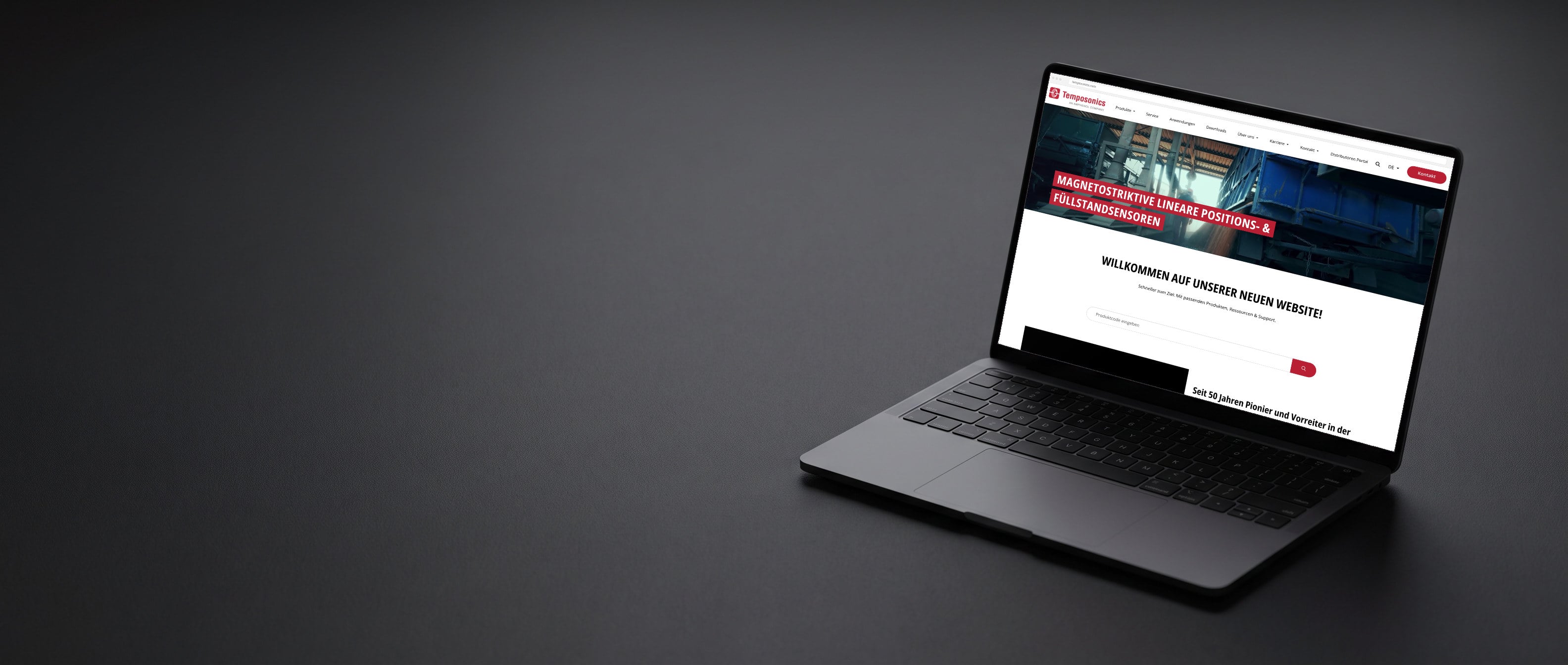 Die Website von Temposonics auf einem Notebook