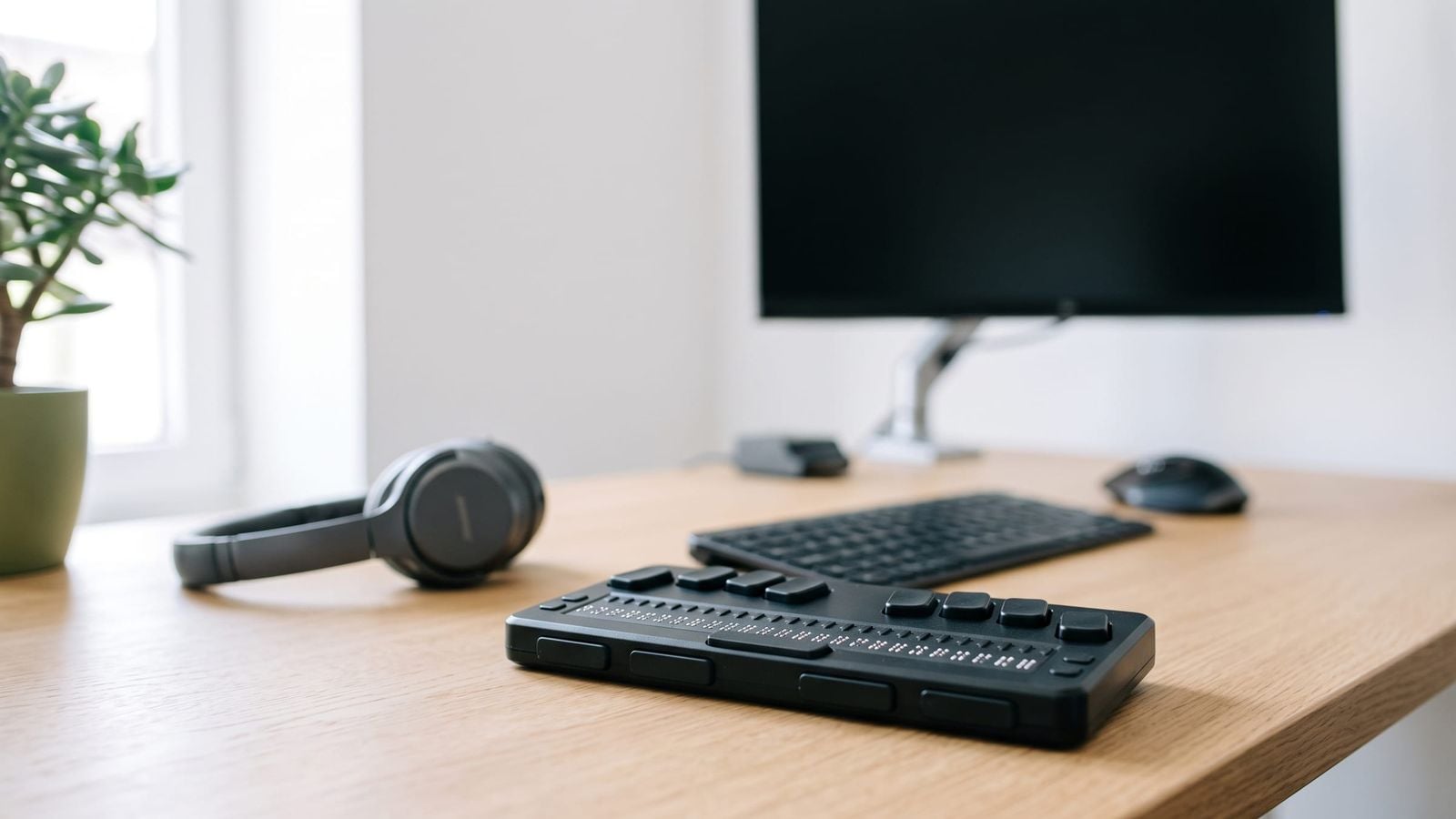 Eine Braillezeile in Nahaufnahme auf einem hellen Schreibtisch, die Stifte einiger Zellen angehoben, dahinter unscharf Kopfhörer und Tastatur