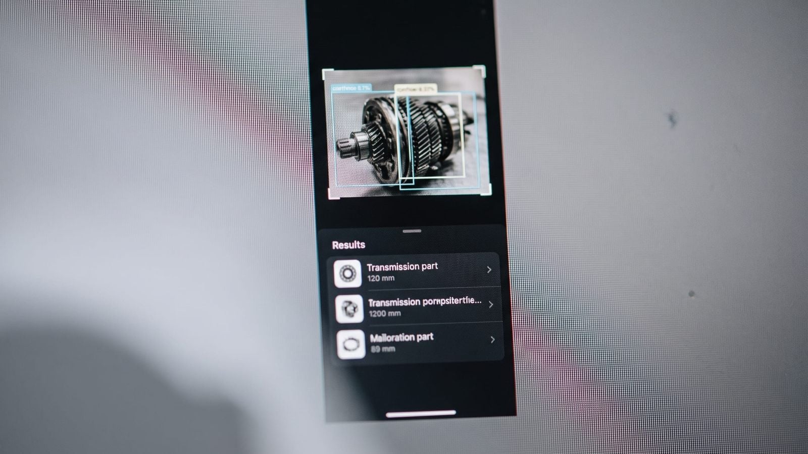 Ein Bildschirm mit einer Ansicht in Telefonbreite: ein Foto eines Maschinenteils mit zwei Erkennungsrahmen darauf und darunter eine Ergebniskarte