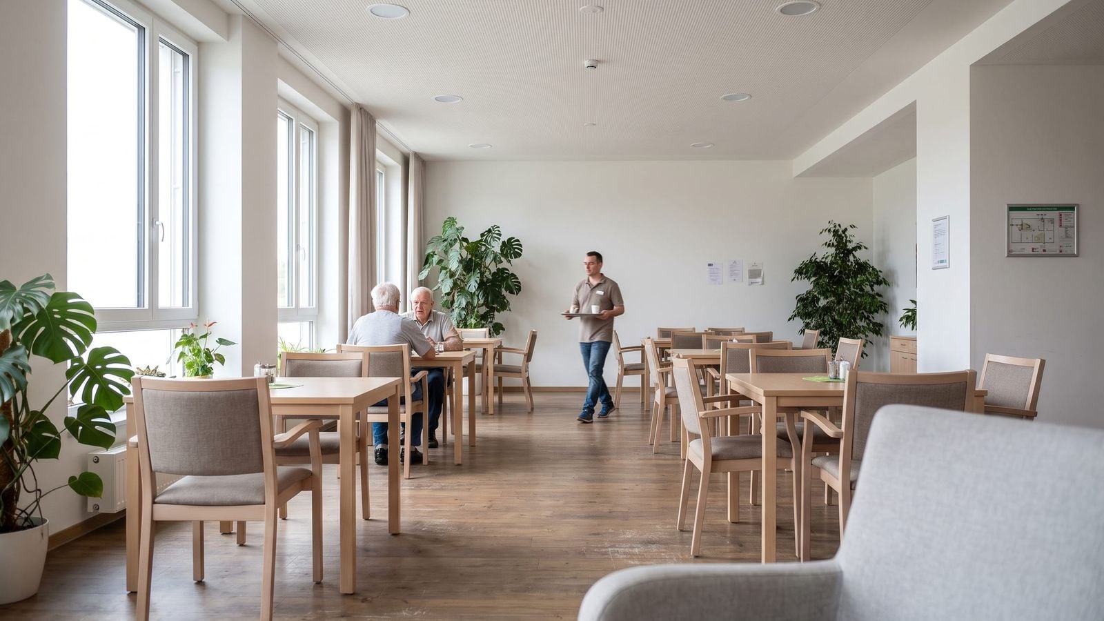 Der Gemeinschaftsraum einer Pflege- und Begegnungsstätte mit Tischen am Fenster, zwei Besuchern im Gespräch und einer Mitarbeiterin mit einem Tablett