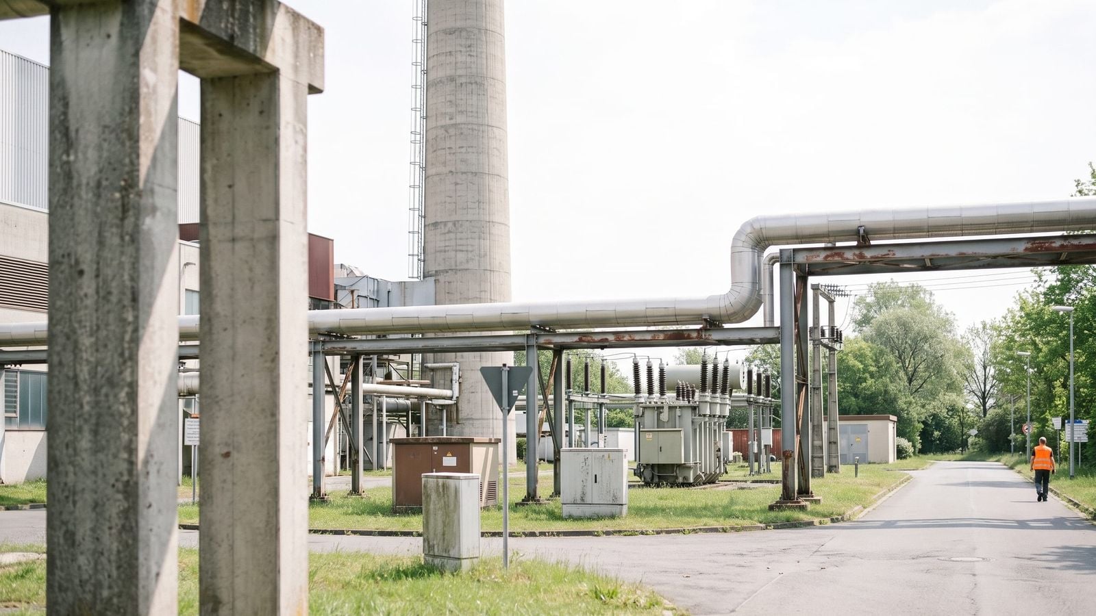 Ein städtisches Heizkraftwerk am Stadtrand mit Schornstein, gedämmten Fernwärmeleitungen auf Stahlstützen und einer Umspannstation