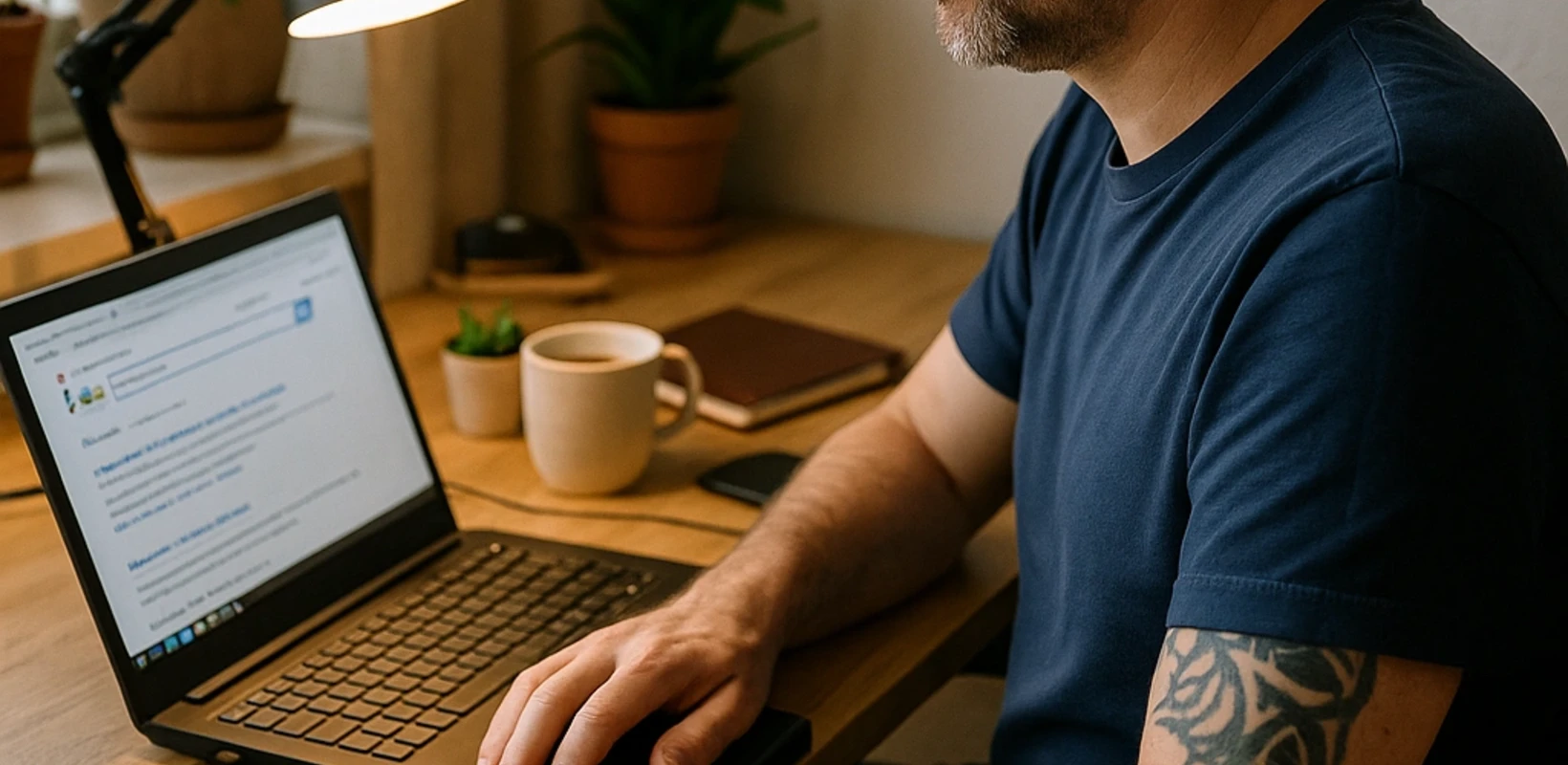 Person nutzt Laptop und Braillezeile an einem Arbeitsplatz.