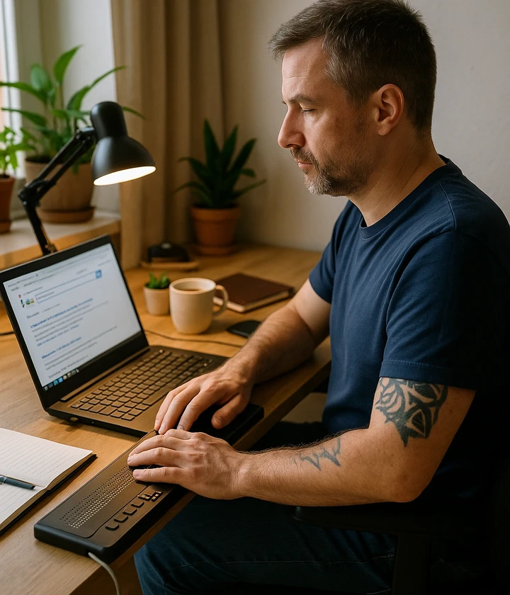 Person nutzt Laptop und Braillezeile an einem Arbeitsplatz.